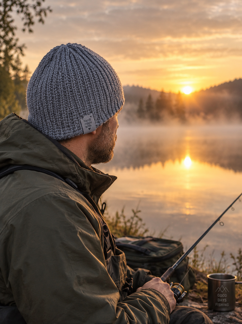 Man by truck wearing double-layered knitted hat at sunrise