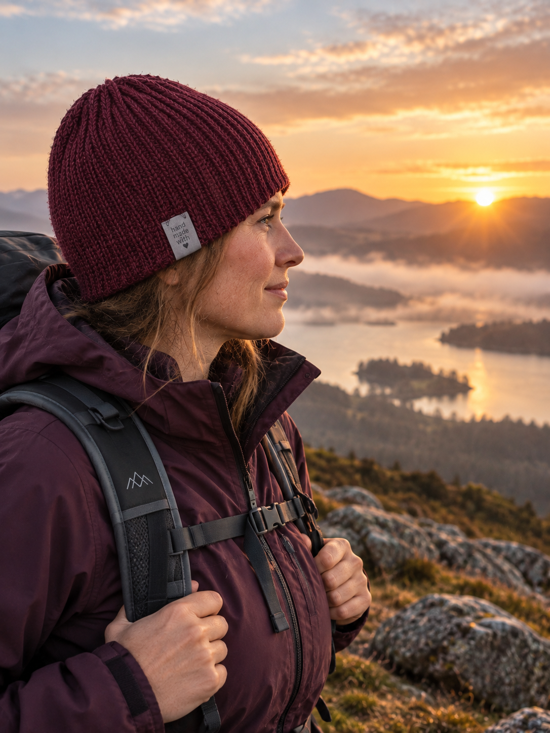 Man fishing wearing double-layered knitted hat at sunrise